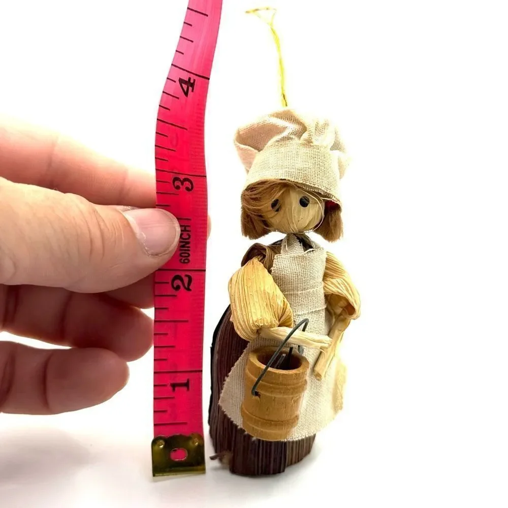 Vintage Corn Husk Doll Woman Apron Cooking Water Bucket Christmas Ornament